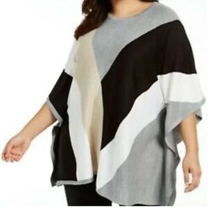 Calvin Klein Plus Size Color Block Poncho Sweater OS in Black Tan Grey White